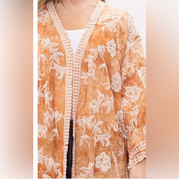 Raj Women's Vibrant Orange duster with embroidered Floral Design and trim - Picture 3 of 5